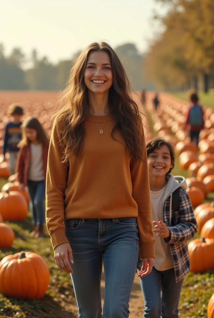 (photorealism:1.2), beautiful woman, teacher, field trip, child on hand, smiling, jeans, long wavey hair, soft lighting, children on pumpkin field, relaxed pose, realistic, intricate details, warm colors, by Greg Rutkowski, by Alphonse Mucha