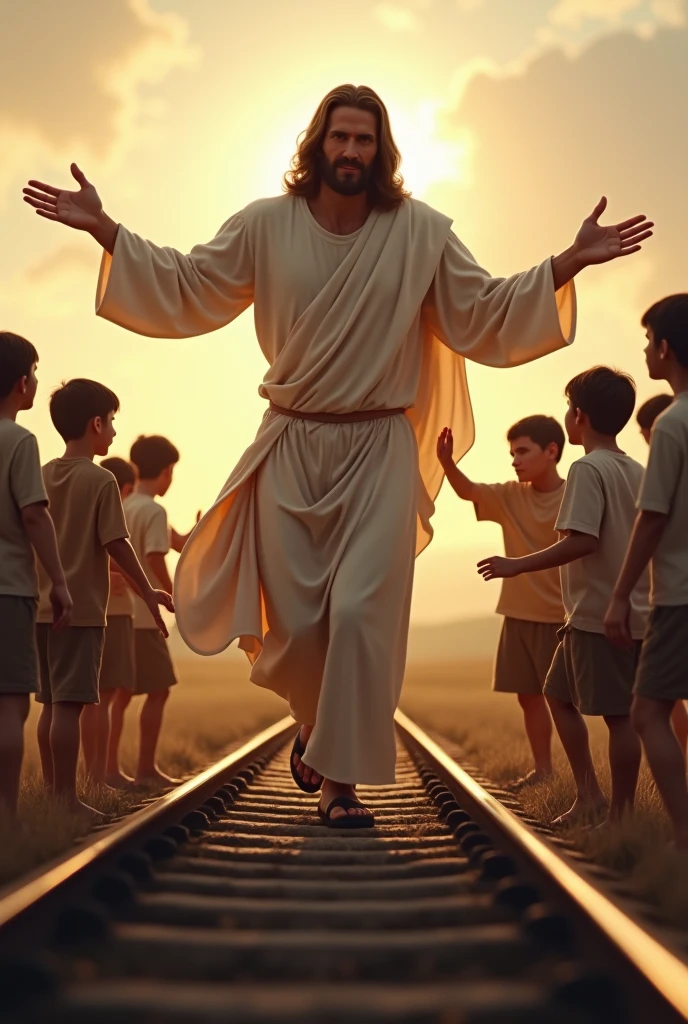 The image should have a serene and hopeful feel, jesus crist safe the boys on denger of
train emphasizing the miraculous rescue and the sense of divine protection.
4k ultra realstick