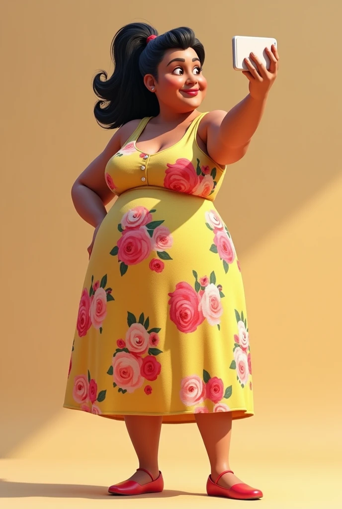 Mary, aged 50, brunette skin, gorda, voluminous breasts, black, curly hair tied behind the head, doing selfie ,wearing floral knee length dress pixar 3d illustration