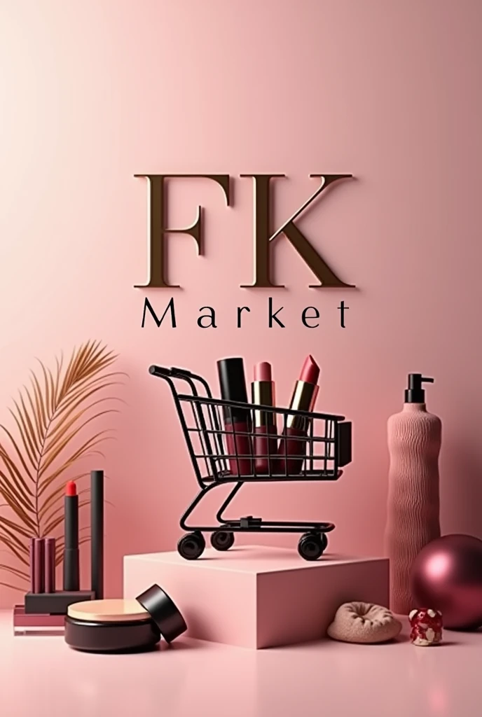 Design a logo for 'FK Market' focusing on cosmetics. The logo should feature the initials 'FK' in an elegant, modern font that reflects sophistication. Integrate a stylish shopping cart with cosmetic elements such as lipsticks, nail polish bottles, or compact cases. Include a tagline like 'Glow with Every Purchase' or 'Beauty at Your Fingertips' to highlight the cosmetic focus. Use sophisticated colors like blush pink, deep burgundy, gold, or soft lavender. Incorporate an icon representing cosmetic products, such as a lipstick or beauty brush, seamlessly with the initials."