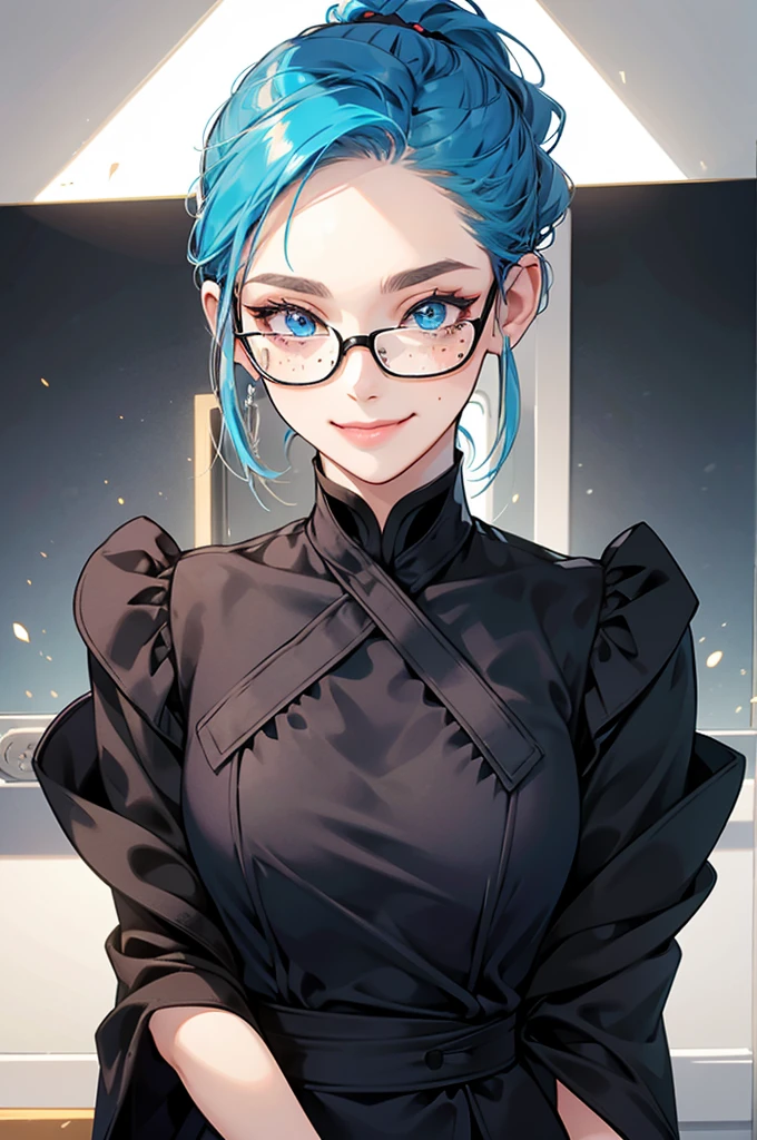 (Suisei:1.5)、(masterpiece:1.5、Photorealistic:1.4,anime coloring:1.4、high resolution:1.4)、,(spot light:1.2、Exquisite beautiful eye:1.5,)、(stand:1.5)、()、(upper body:1.5)、
(kind eyes、tareme:1.4),(glasses:1.5)、(Cute Face)、(blue hair:1.5)、(middle hair:1.5),(sidelock :1.6),(blunt bangs:1.3),(1 girl)、(blue eyes:1.2)、(light smile:1.5),()、(solo)、() ,(),(small breasts),(),(black suit:1.5),()、()、()、Slim Body(),Shiny Hair、