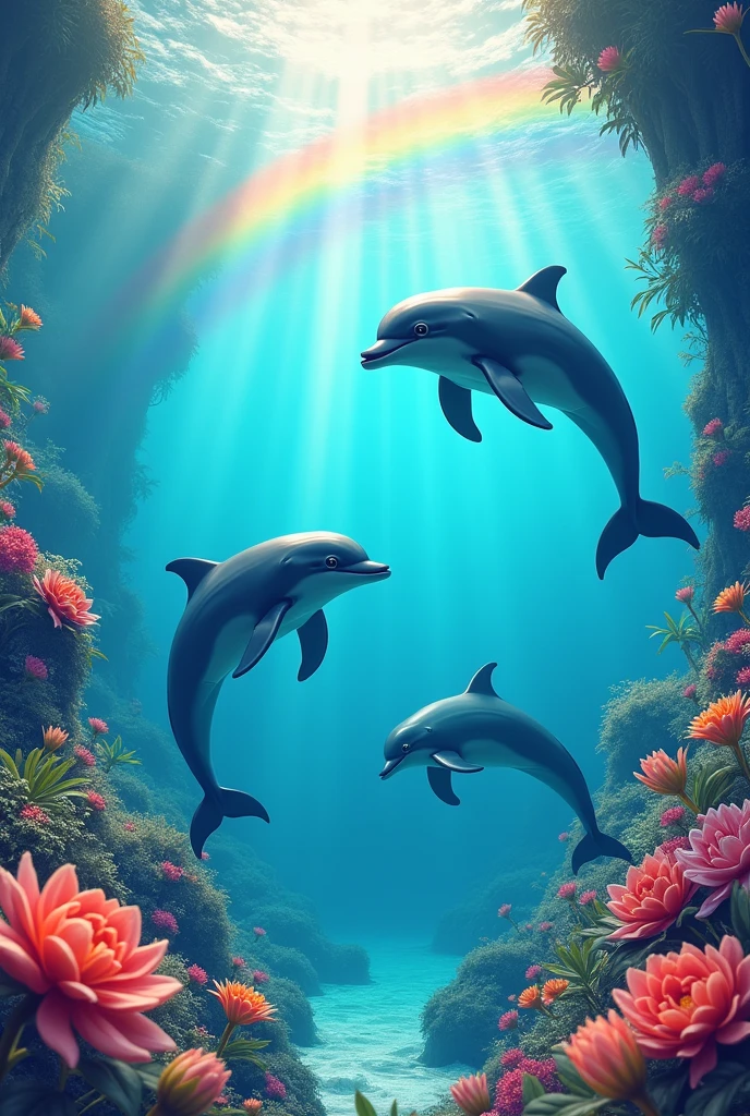 Dolphins in the water with rainbow and flowers
