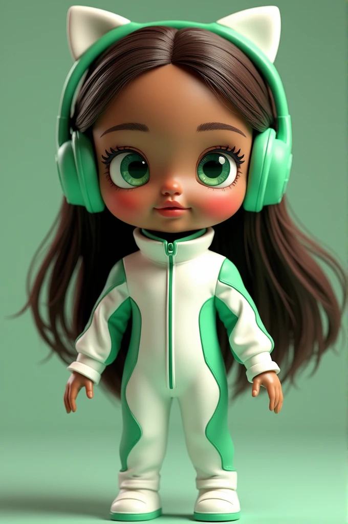 doll format,brown skin,Green Eye, brown hair and green highlights, white and green heat jumpsuit,green kitty headphones