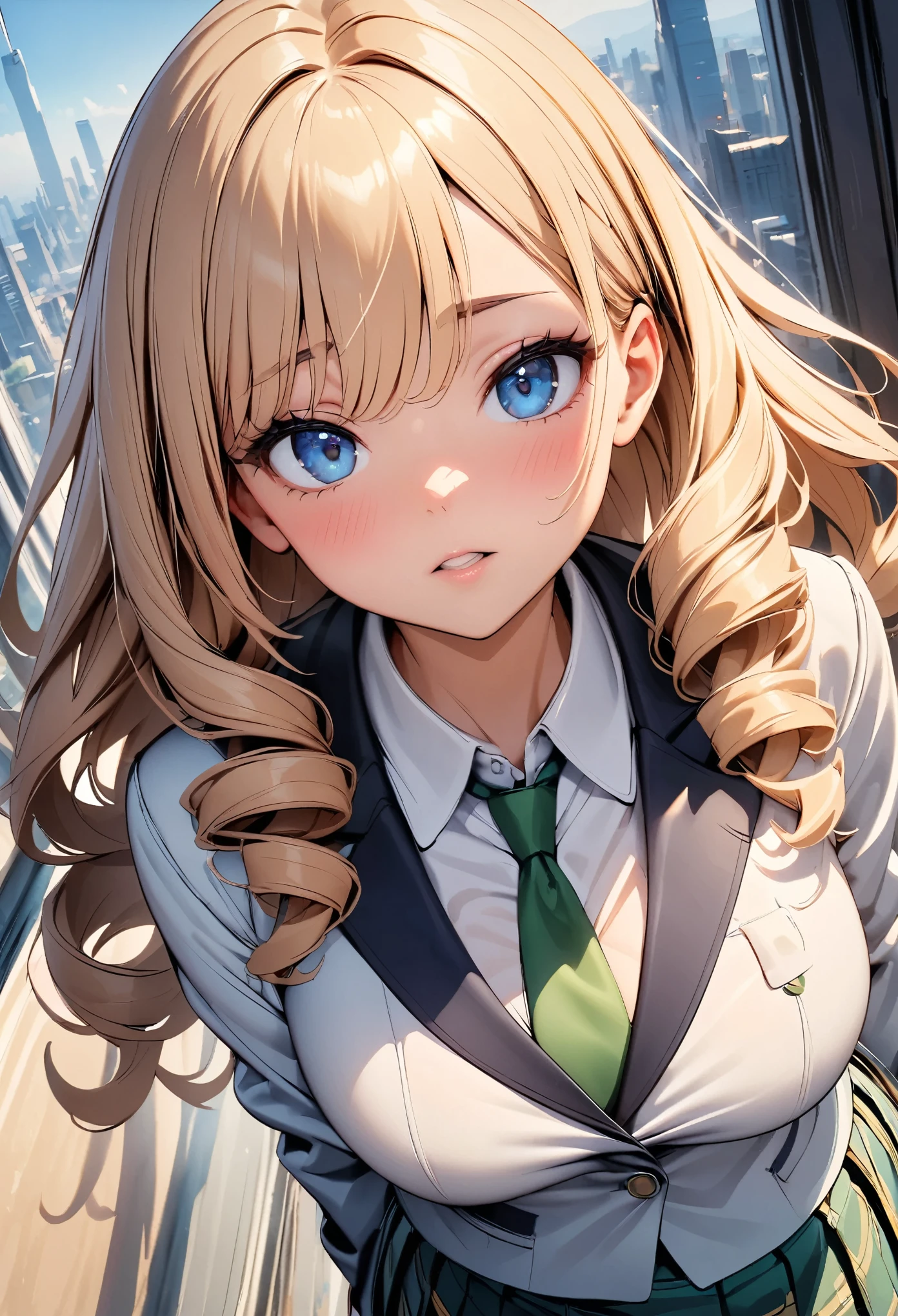 (Highest quality:1.2, 4K, 8k, Very detailed, Latest, Vibrant, Attention to detail, masterpiece:1.2, Highest quality, Best aesthetics), (((1 girl))), JK, blazer, White shirt, Green tie, Checkered pleated skirt, Shyness:1.2, Blushing, Purse your lips, (Light brown hair, High twin drill hair, Blue ribbon), Dynamic Angle, Friendly atmosphere, Beautiful Hair, Shiny Hair, Beautiful Skin, Detailed face and eyes, Plump lips, Slender body, Dynamic Angle, Dynamic pose, Natural light, floating, (Natural background:0.8| Cityscape), Light and shadow with attention to detail, Background Blur.