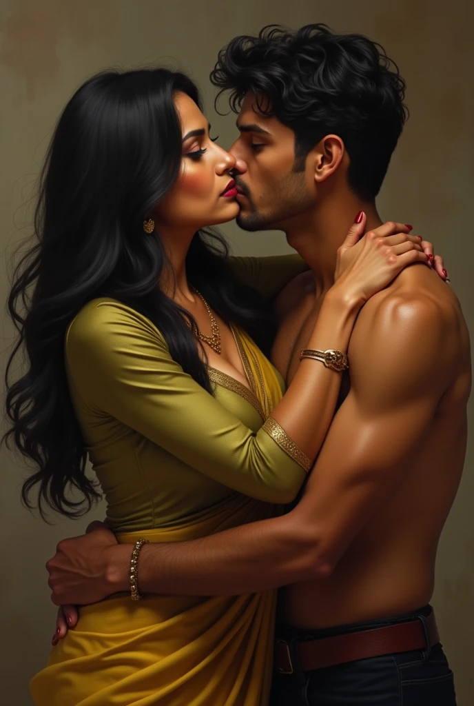 50 years old indian woman, long balack hair, in golden green blouse, showing her cleavage, kissing with 20 years old  boy, boy kissing on her chest, and press her boobs.