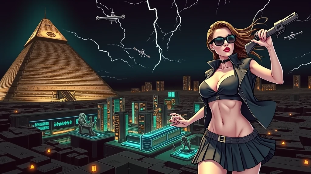 Futuristic cityscapes with colorful all-glass outlined towering skyscrapers with lightning, flying vehicle. High-resolution OLED GUI interfaces in the building, The windows are filled with transparent data visualization infographics that show it all, ancient Egyptian fantasy arts, ancient Egyptian statue, (ancient Egyptian hieroglyphics), sphinx, pyramid. Colors are saturated and vibrant. At night, (1girl, solo, alone), photorealistic, large-breast slim:0.6 body, oval:0.5 face, cleavage:1.1, very low angle view of pleated miniskirt, deep-v, (upskirt), glove, (Matrix style black micro sunglasses), (aiming viewer with a short gun), dynamic running pose, ((half-body thigh level close-up shot)), cinematic lighting, ray tracing, motion blur background.