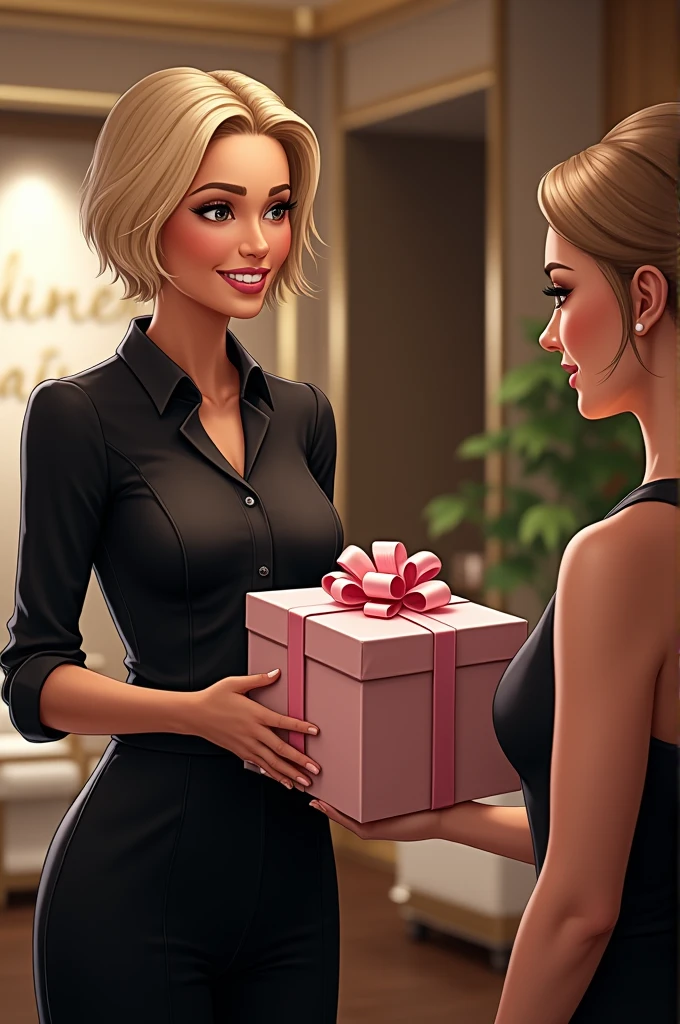 A stylist in a black uniform tells Women's Palace, the girl has short blonde hair. The stylist is giving a birthday present to a client for her loyalty 🎁, The birthday present box opens. AI created by Disney