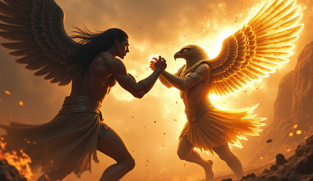 A realistic image depicting the following scene: 'Horus, devenu un jeune homme puissant, portant la couronne d'Égypte avec une tête de faucon, se tient face à Seth, le visage tordu de rage, dans un désert éclatant de lumière et de ténèbres en lutte.' Horus is shown as a powerful young man with a falcon head, wearing the crown of Egypt. He stands resolutely facing Seth, whose face is twisted in rage. The background is a desert with a striking contrast of light and darkness battling for dominance. The overall scene should be dramatic and intense, capturing the epic confrontation between the two gods.