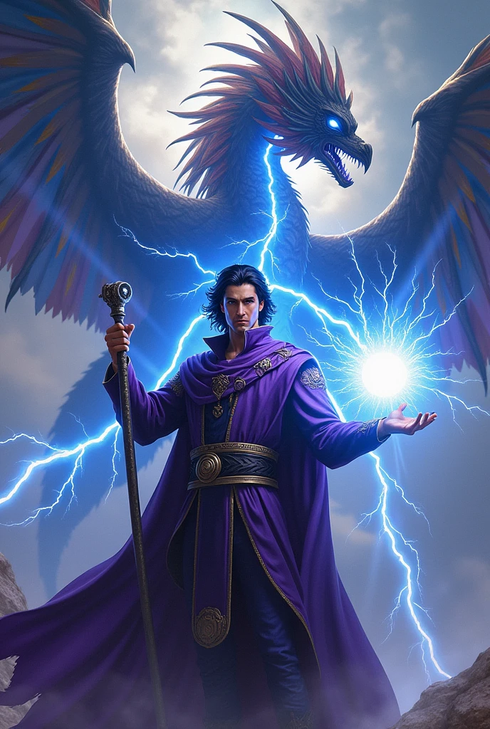 Anime, homme 30 ans, cheveux noirs, des éclairs sortent de ses yeux, air stict, vêtu d'une robe de magicien violette, a un bâton métallique sur lequel vient frapper la foudre. ((Derrière lui un serpent â plumes multicolores, ailés, façon quetzalcoatl, dégage des arcs électriques par ses plumes)). ((Le corps du magicien est parcouru lui aussi d'arcs électriques. La main qui ne tient pas le baton est un point fermé entouré de foudre magique.