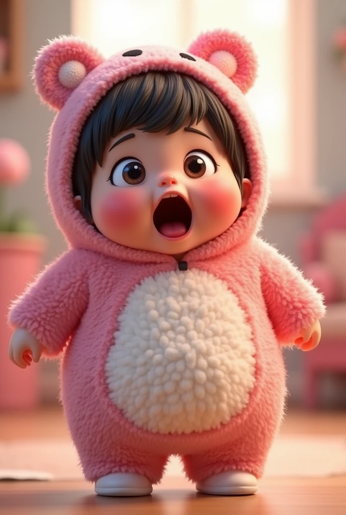 (girl),(()) ,3d images ,Highest quality 8K ,Chubby body shape,((Very fat)),Pink cheeks,podgy,Good mood,((Shocked.)),((excited)),((Open your eyes.)),Put on a stuffed animal costume,Balanced lighting,blurred background,Middle of the picture