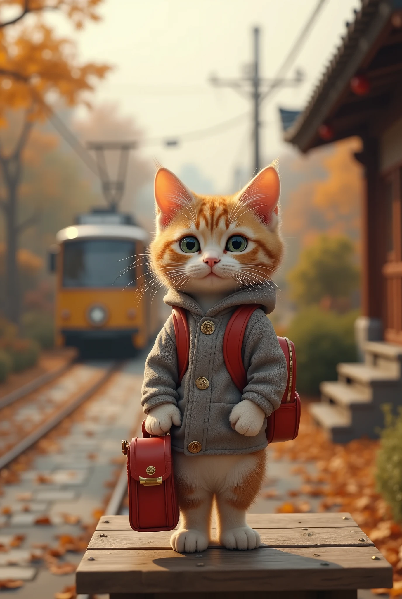 (best quality,4K,8K,high resolution,masterpiece:1.2),Extremely detailed,Clear focus,(Realist,photoRealist,photo-Realist:1.37), 35mm lens,Multiple angles,countryside,suburban,Back,side,contour,Overhead shot,Cat,permanent,toy doll,Carry a small school Backpack,tram,Beijing,autumn,Wooden house,platform, cloak,Ruan Jia,ongoing,Attar, (deliCate face), (beautiful, Fluffy fur),(35mm Cinema Lens),(Multi-angle shooting),(many viewing angles)