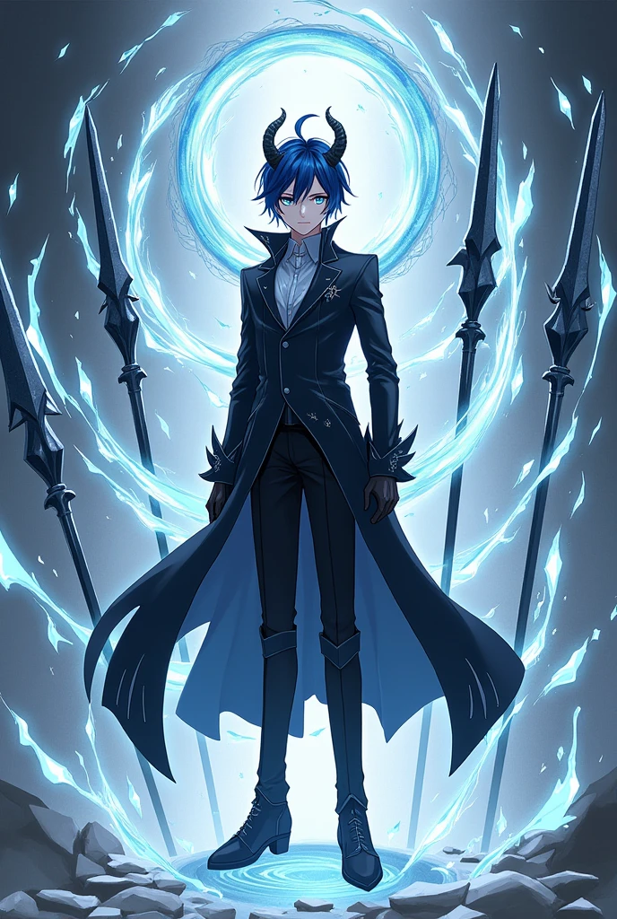 A young man, with long hair tied up, Dark Blue and white hair, a pair of Aquamarine Eyes, his body is slim but moderately fit, he has a pair os dragon Horns on his head while his ears are slightly pointy, with a silver and blue magic aura surrounding his entire body, wearing a long black coat and leather Boots, while his hands are covered with black gloves, behind him are five Ebony Spears floating in the air while the space around him is cracked like a mirror, anime art style, full body image.