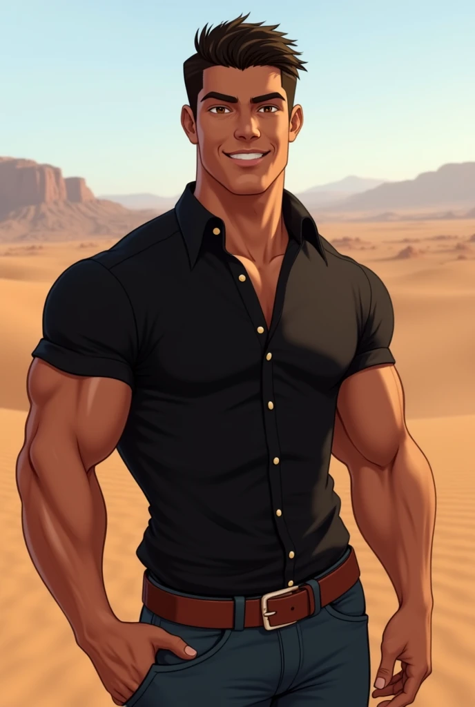 leo alvarez, looking at viewer, smile, shirt, 1boy, brown eyes, closed mouth, male focus, black shirt, black fur, orange fur, red fur, desert background, full body, pants, jeans, belt, muscular, muscular male, flexing