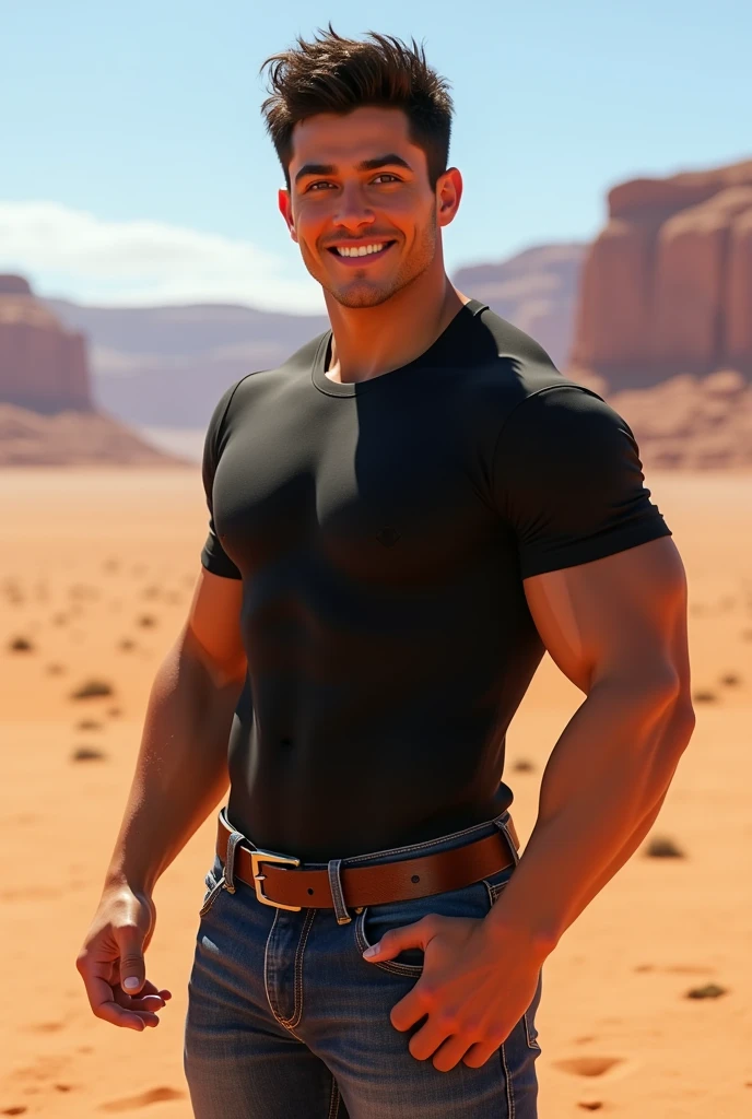 leo alvarez, looking at viewer, smile, shirt, 1boy, brown eyes, closed mouth, male focus, black shirt, black fur, orange fur, red fur, desert background, full body, pants, jeans, belt, muscular, muscular male, flexing