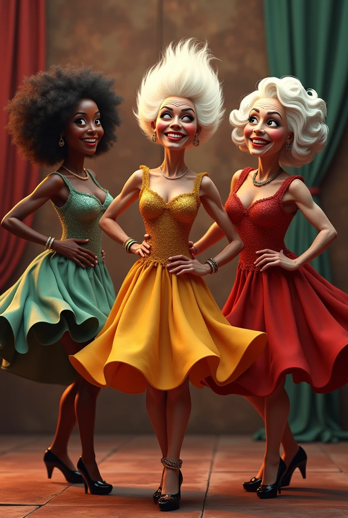Three elderly ladies standing side by side doing the cancan pose, a black woman ,a white one and a brunette one, the white one has a mohawk and is in the middle