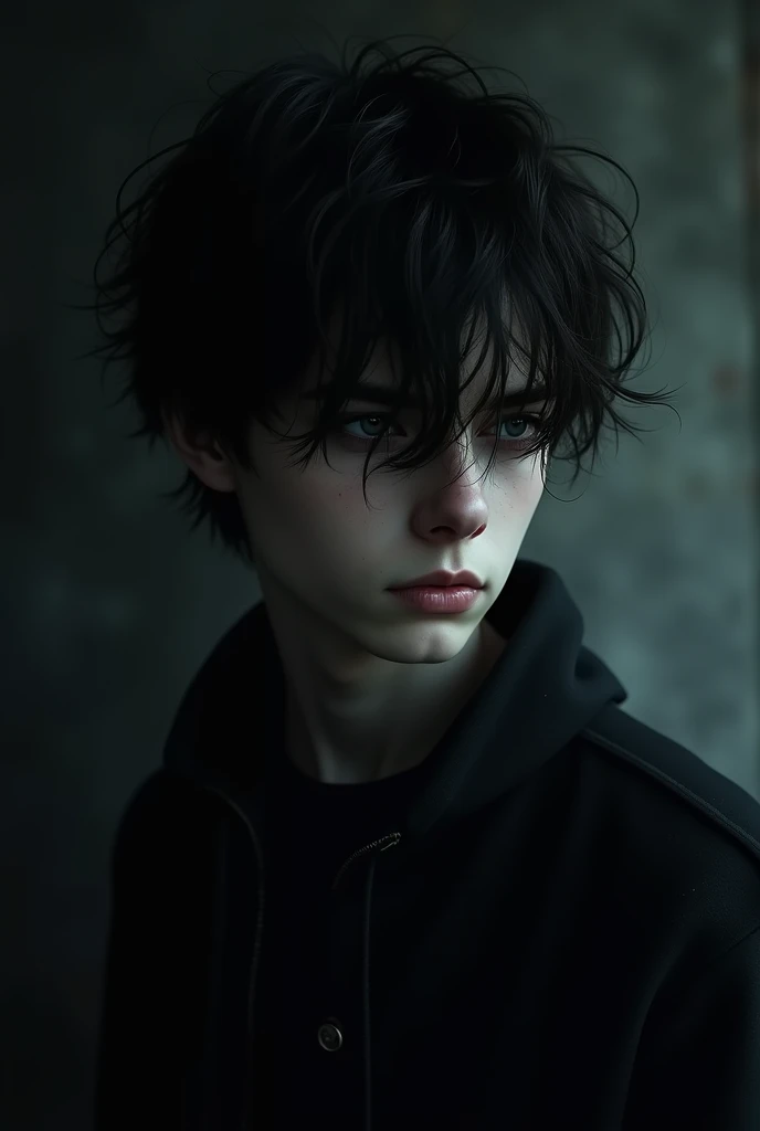 A pale 20 year old boy,Gothic,messy dark hair who likes black