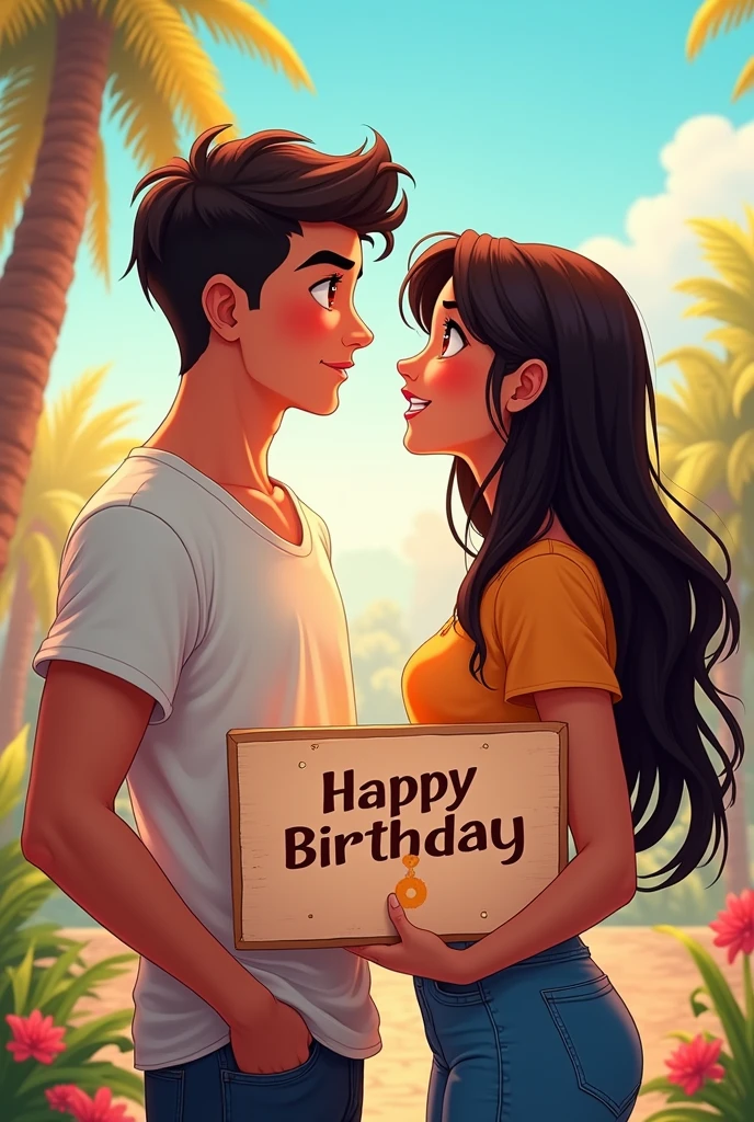 A young man with light brown skin and dark reddish brown eyes , a little muscular and short hair happy called Juan Esteban Gutiérrez Ortiz because in front of him is his friend Danna with dark skin, dark brown eyes and very long hair down to her tail (women) young man holding a sign that says "Happy birthday Juan Esteban ⁠♡" that they look at each other&#39;s faces with joy and in the background there is a landscape that represents that joy and that they have a nice matching outfit , but they look younger and the boy is like flirtatious and with hair a little shorter And the young girl looks a little younger with a submissive face, Well, they are looking slightly at the camera here in front. , This image is perfect, I need the poster to be more colorful and happy and what it says "Happy birthday Juan Esteban" This one with degraded and very epic letter and that they look towards my first perspective, The young Juan boy is slightly muscular and with the hair on top a little shorter, They both look around 15 years old, Perfect, I need the young man&#39;s hair to be shorter on the top of the man&#39;s head. I need them to be a little younger, about ., but they are holding the epic poster  , I need the young man&#39;s hair to be a little shorter on the top of his head please I need this professionally , Very good that you look at the first perspective of the front camera in the photo
