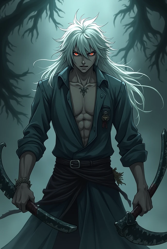 Make a human male anime character who has hair with characteristics of an undead being who retains part of his humanity, with him using 2 sickles