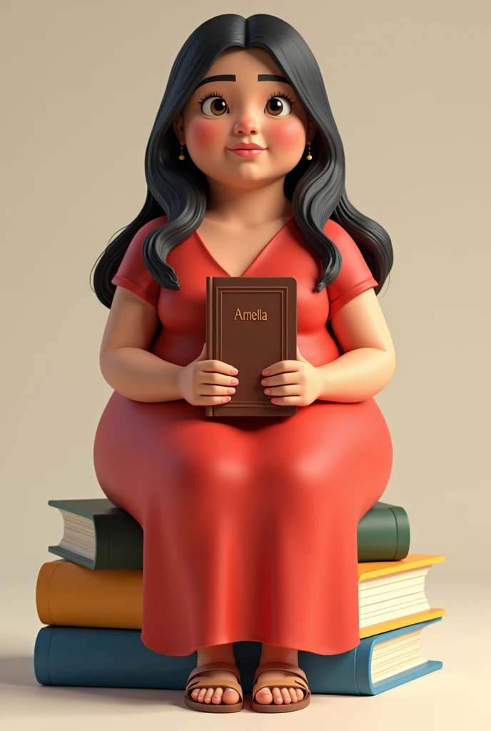 Comando: Create a 3D illustration of an animated Brazilian character sitting casually on top of "textbooks". The character must wear a long red dress with sleeves, shoulder length hair black and straight, brunette skin, slanted eyes, very fat and round, "the ears without earrings and the neck without necklaces," with sandals on his feet and holding a Bible, looking straight ahead. The background of the image is a profile page with the username "Amelia" and a matching profile photo.
