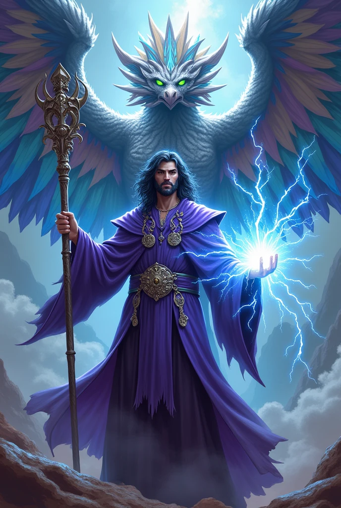 Anime, homme 30 ans, cheveux noirs, des éclairs sortent de ses yeux, air stict, vêtu d'une robe de magicien violette, a un bâton métallique sur lequel vient frapper la foudre. ((Derrière lui un serpent â plumes multicolores, ailés, façon quetzalcoatl, dégage des arcs électriques par ses plumes)). ((Le corps du magicien est parcouru lui aussi d'arcs électriques. La main qui ne tient pas le baton est un point fermé entouré de foudre magique.
