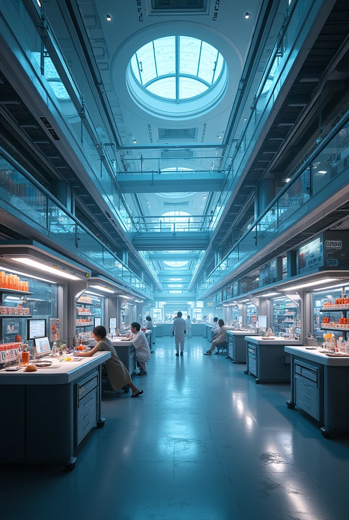 Best hyper realistic open nature interacted themed biopharmaceutical laboratory advanced inside view with multiple equipments specimens scientists employees in work pose busy in their action and futuristic theme experiment and creating api and drugs show it huge lab centred with bio waste and products
scifi styled
