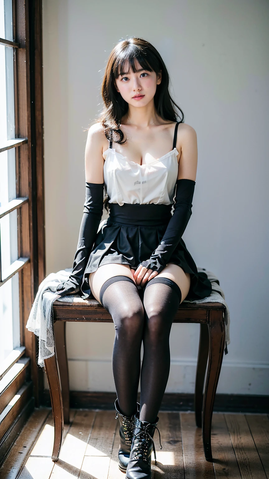 (8k、RAW Photos、Highest quality、masterpiece:1.2)、(Realistic、Realistic)、1 person、((black and white、dress、See-through、Curly Hair、Cleavage、tights、Gloves、Garter Ring、mini skirt、Thin legs、whole body、boots、View from the front、Looking into the camera、room、Sitting))、cute