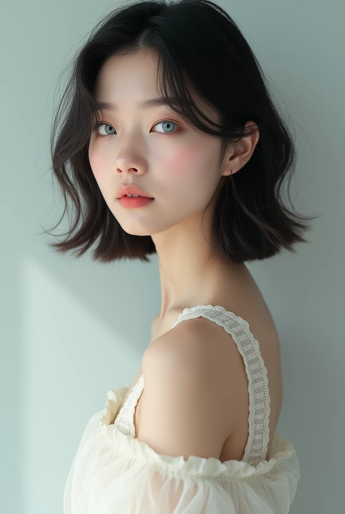 (photorealism:1.2),unreal beauty, standing,wearing dress, realistic, natural colors,Asian beauty, blue eyes, short straight hair