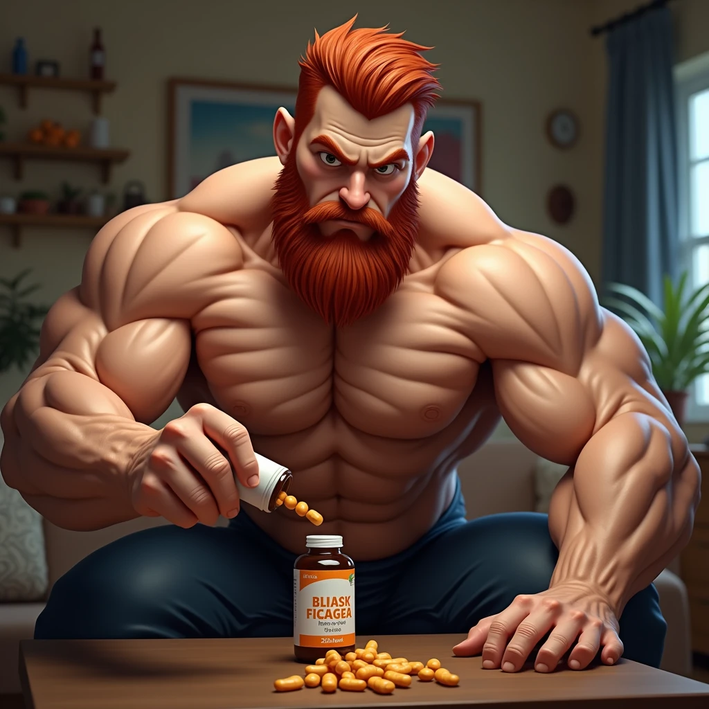 An extremely muscular man, with veins protruding from his powerful muscles, and red hair and beard. He is grabbing a bottle of vitamins on a table to take them, in the background the living room of a house