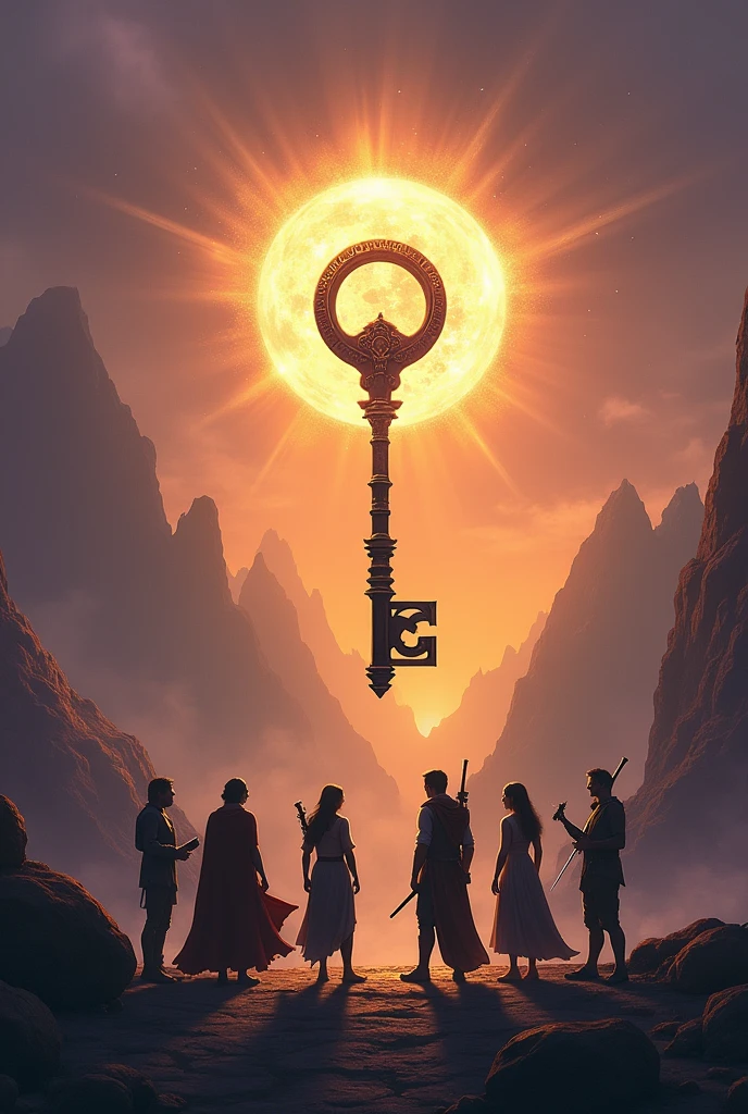 Background: A vast and mystical landscape, with distant mountains bathed in the golden light of the rising sun. O céu é tingido com nuances de purple e laranja, creating a magical contrast with the shadows of the night that still resist the dawn. Main Elements: The Floating Key: In the center of the cover, in the spotlight, an ancient and intricately decorated key floats in the air, emanating a soft glow. The key is big, made of a golden metal with mysterious runes engraved along its length. The light she emanates seems to form a bright circle around her., suggesting its mystical power. The Protagonists in Silhouette: Na parte inferior da capa, Em primeiro plano, the silhouettes of the protagonists (Elena, Darian, Lyra, Find e Kael) are standing in front of the vast landscape. They are arranged in a semicircle, looking at the floating key. Each character holds a weapon or object that represents their abilities and personality. (a sword for Darian, a staff for Finn, a bow for Lyra, etc.). The Villain in the Shadows: No fundo, almost imperceptible, There's a shadowy figure (representing the Dark King) lurking in the shadows, with glowing eyes that convey threat, but without revealing details of the face. He observes the protagonists, suggesting the constant presence of danger. Tons e Cores: The cover uses a color palette that mixes gold, purple, blue and black, creating a sense of mysticism and adventure. Areas illuminated by key light and rising sun are contrasted by deep shadows, that suggest the duality of good and evil, light and darkness. The 5 protagonists should appear on the cover and the villain&#39;s silhouette should appear larger in the common background looking dark in his castle.