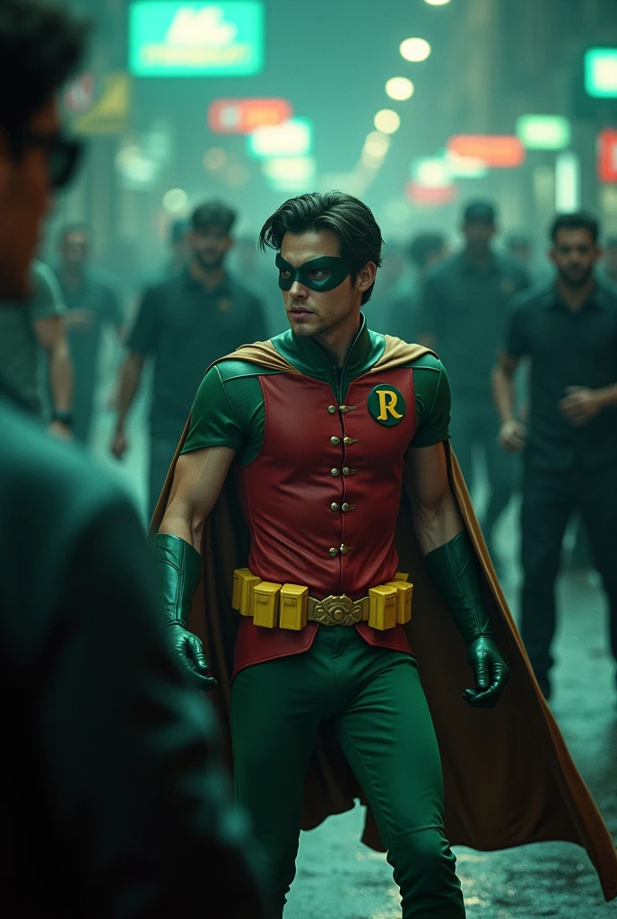 Go to Bing Image Creator, enter a prompt similar to:
Actor Joseph Gordon Levitt as Robin from Batman filmed by Zack Snyder, Robin suit, fighting against thugs, cape, mask, variant angles, captured with award-winning photography technique, cinematic, dark environment, bokeh, grainy, urban setting, blurry, IMAx, filmed with Kodak portrait 400, 200mm, f2.8, high resolution, teal filter