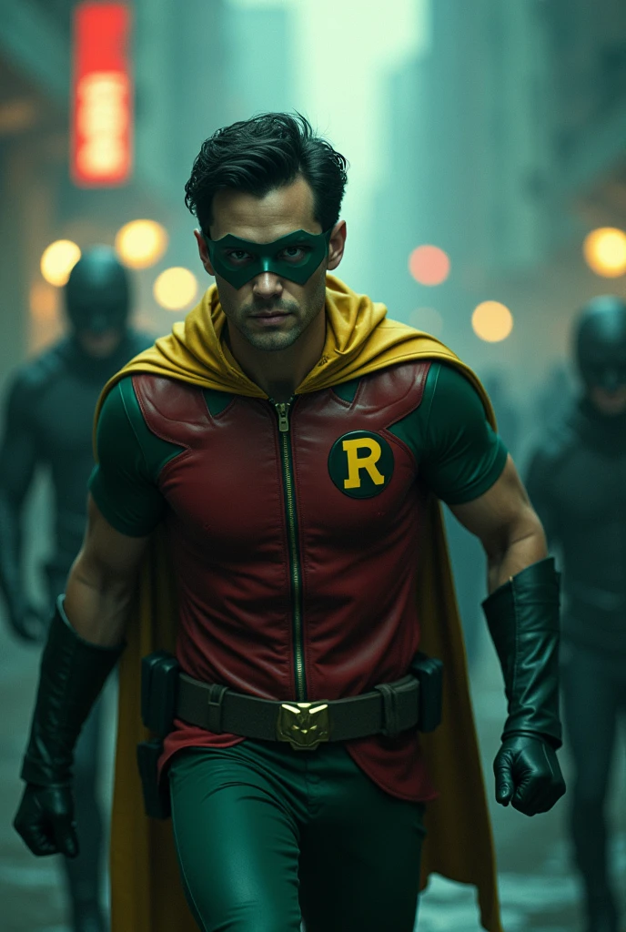 Go to Bing Image Creator, enter a prompt similar to:
Actor Joseph Gordon Levitt as Robin from Batman filmed by Zack Snyder, Robin suit, fighting against thugs, cape, mask, variant angles, captured with award-winning photography technique, cinematic, dark environment, bokeh, grainy, urban setting, blurry, IMAx, filmed with Kodak portrait 400, 200mm, f2.8, high resolution, teal filter