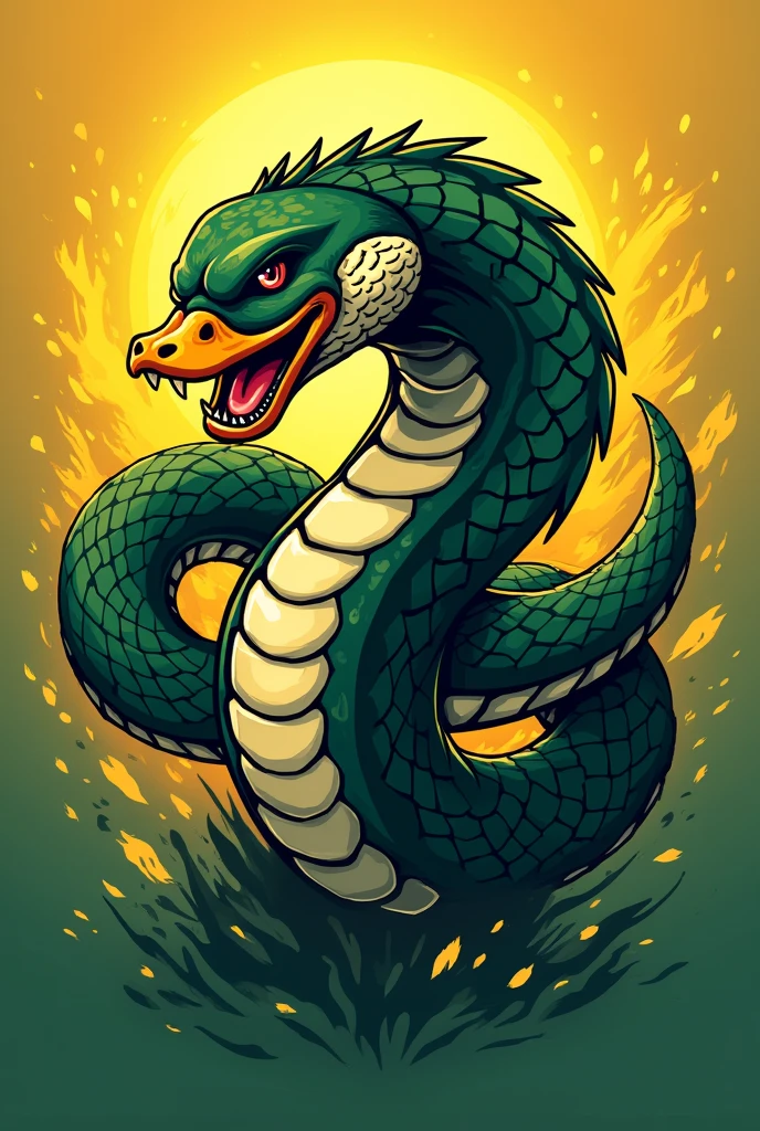 Logo for an athletic club, with a snake in attack position and a duck&#39;s head. yellow and green. Aggressive Expressions.
