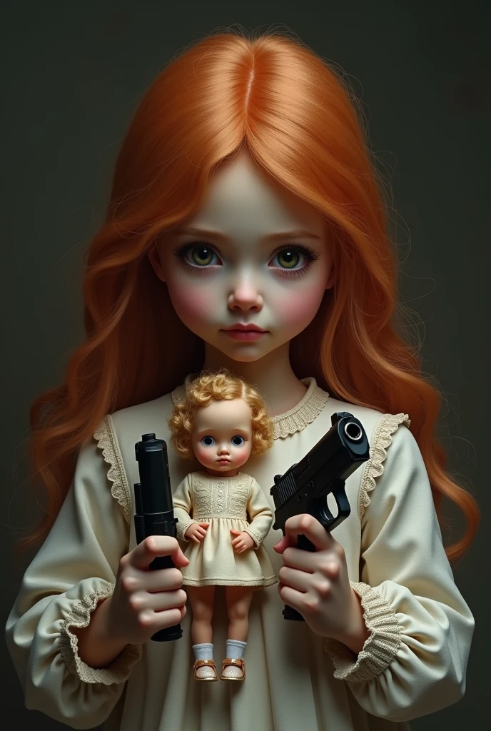 a female child, with long red hair, holding a toy doll, and a pistol in the other hand.