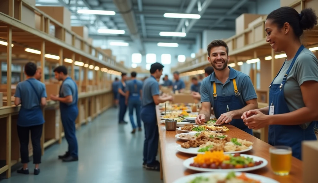 A professional and realistic image showing the benefits of free housing and meals for fulfillment center employees. The scene features a modern, clean employee dormitory or apartment complex, with well-maintained rooms and common areas. Adjacent to this is a cafeteria where employees are enjoying a meal, with a variety of healthy and appealing food options visible. Workers are dressed in casual attire, appearing content and relaxed, highlighting the supportive environment provided by the employer. The overall atmosphere is welcoming and emphasizes the benefits of free accommodation and meals for fulfillment center staff.