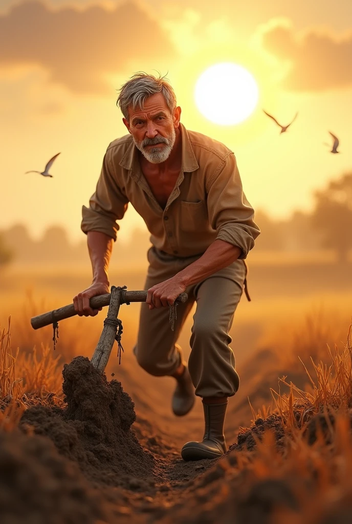 In 3d animation style "A middle-aged man working hard in a field, wearing simple clothes. He is sweating under the hot sun, using traditional tools to plow the field"
