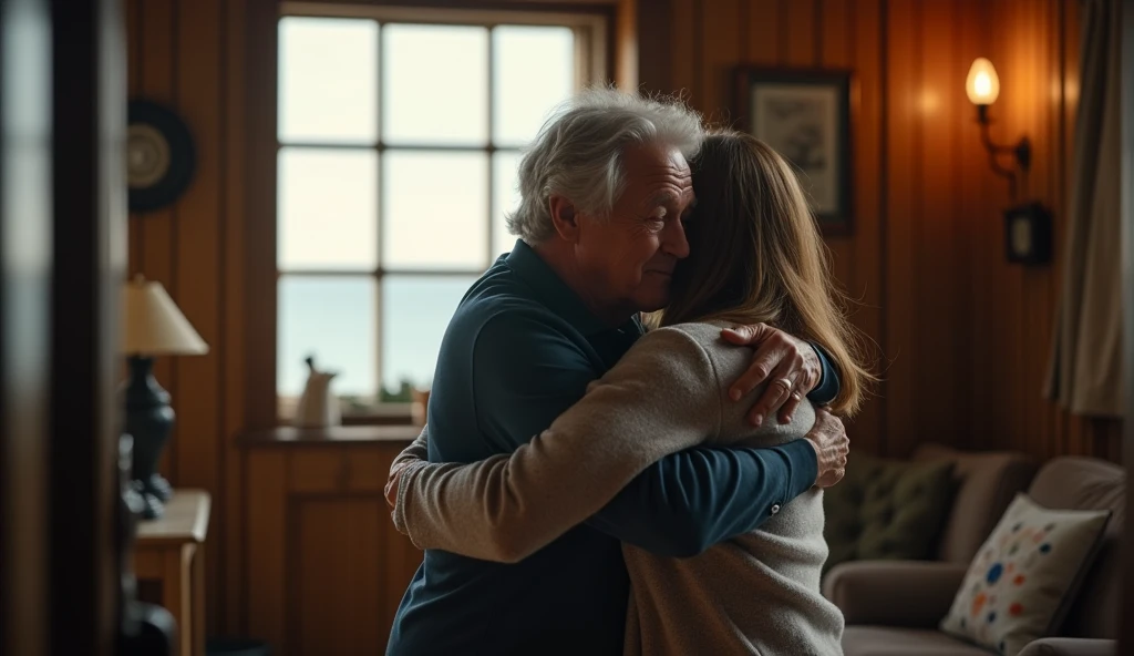 rompt: Inside a cozy lighthouse interior, Edgar, an elderly man with a gentle face and gray hair, kneels down to embrace Lily as she stands before him, still catching her breath. His eyes are filled with pride and warmth as he wraps his arms around her in a loving hug. The soft light from the window bathes them, emphasizing the deep connection between father and daughter