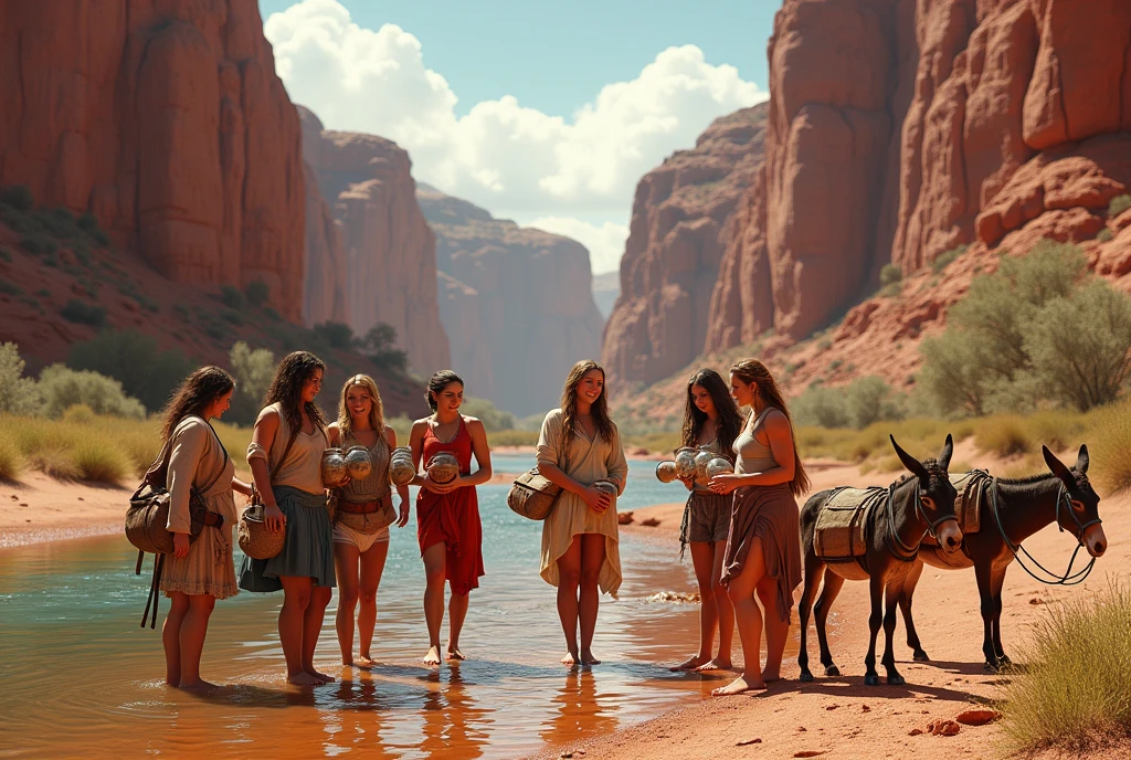 Une image d'une rivière coulant dans une vallée aux roches rouges, comme celles d'Australie. Une image réaliste et plus précise de la vallée, résolution 4K, femmes au milieu de la vallée, les jambes presque nues, leurs vêtements sont différents, et colorantes elles sont très heureuses remplissant des bocaux. Il y a des ânes avec des bocaux dessus. La scène est proche du fond de la rivière.