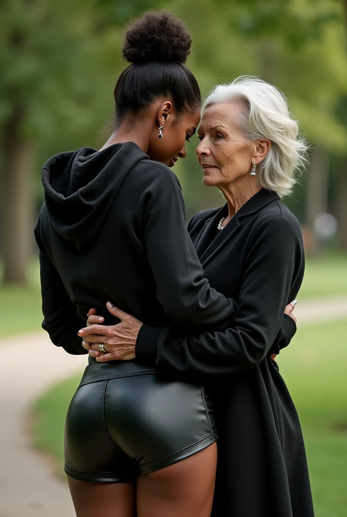 black woman hair in a bun black hoodie black leather short shorts bending over getting fucked in the ass by a old ugly woman in a dress in a park

