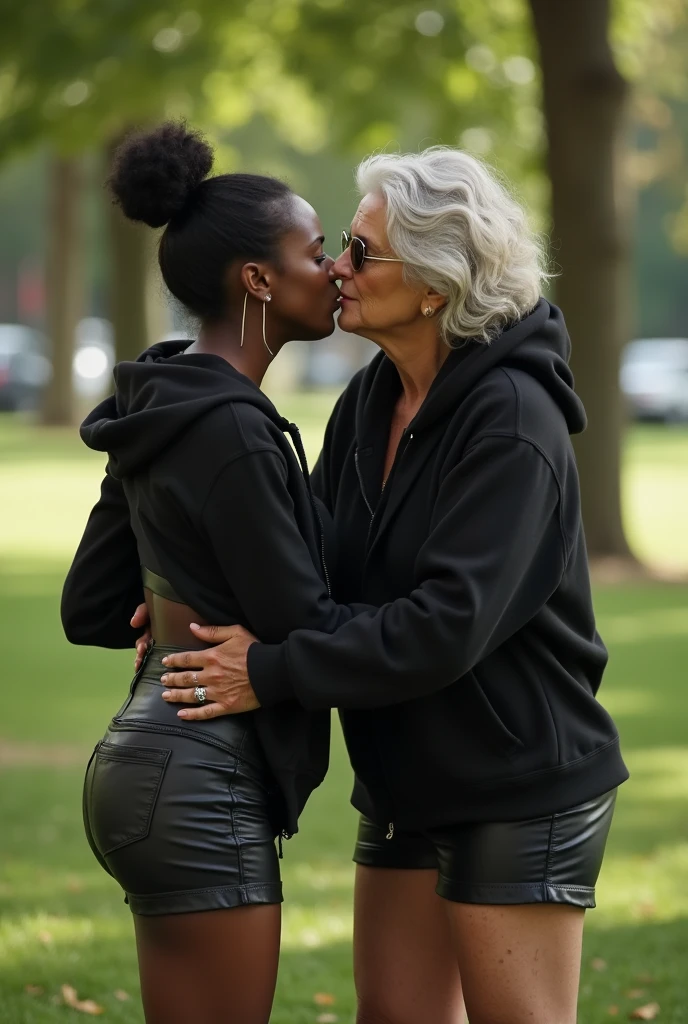 black woman hair in a bun black hoodie black leather short shorts bending over getting fucked in the ass by a old ugly woman in a dress in a park