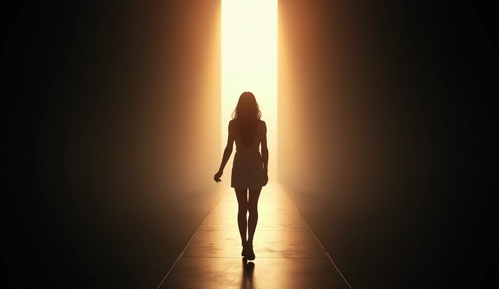 (masterpiece, best quality:1.2), (8K HD, ultra-realistic, hyper-detailed:1.3), a determined woman walking alone towards a distant, bright light. She is seen from behind, her posture strong and confident, symbolizing her resolve to take control of her future. The path she walks on is straight and clear, with soft, warm light illuminating the way ahead. The background is dark, gradually fading into light as she approaches the source of the glow. The scene captures a sense of purpose and hope, with the woman moving steadily towards a brighter future. Her silhouette is sharply defined against the light, creating a powerful contrast.