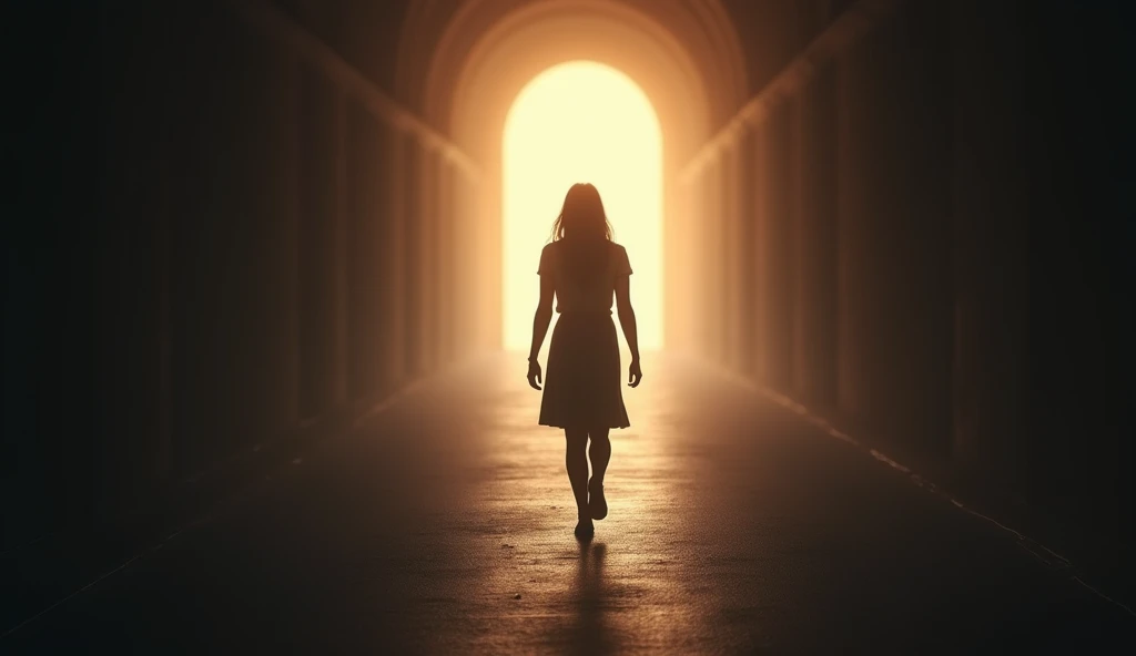 (masterpiece, best quality:1.2), (8K HD, ultra-realistic, hyper-detailed:1.3), a determined woman walking alone towards a distant, bright light. She is seen from behind, her posture strong and confident, symbolizing her resolve to take control of her future. The path she walks on is straight and clear, with soft, warm light illuminating the way ahead. The background is dark, gradually fading into light as she approaches the source of the glow. The scene captures a sense of purpose and hope, with the woman moving steadily towards a brighter future. Her silhouette is sharply defined against the light, creating a powerful contrast.