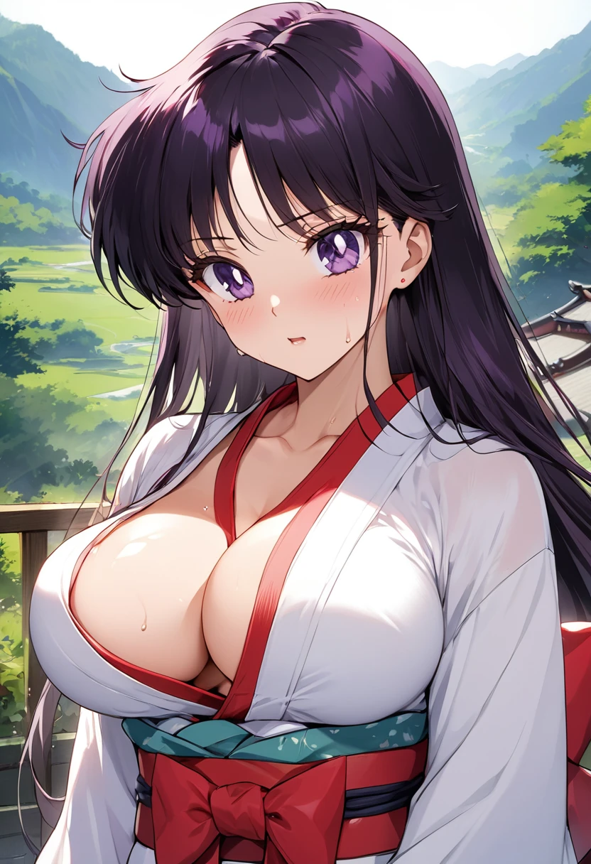 masterpiece, Highest quality, High resolution, (Rei Hino),1990s \(style\),Japanese clothing with red decoration on a white background、Kimono with a fluttering chest、valley,(D-cup beautiful breasts),tall,Small face,Sweating all over the body、Hosomi、(sexy),(Face writhing in pleasure)、Front configuration,arrogant look、Anime-style painting style,Black Hair、Long Hair,Composition focusing on the upper body,(独奏)