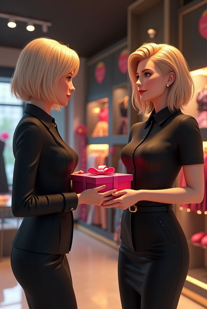 A stylist in a black uniform tells Women's Palace, the girl has short blonde hair. The stylist is giving a birthday present to a client for her loyalty 🎁, The birthday present box opens. IA creator Bratz dolls