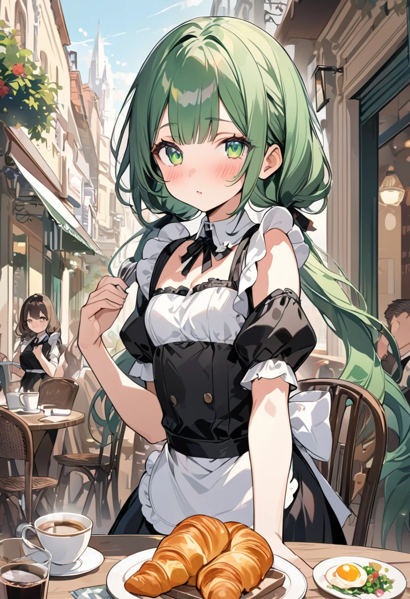 ((best quality, high resolution)), (delicate illustration), (vividcolor style illustration:0.9), (watercolor style illustration:0.4), ((beautiful:1.3)), 4k,

(((a  beautiful women))), masterpiece, detailed depiction, official art, humorous touches,  (blush),  ((Black maid outfit,)), breasts:0.7, dark green eyes, long Hair, pale purple,low-twintails,blunt bangs, small breast,A girl pulls out a table and chairs and invites people to sit down. On the table are fried eggs, vegetable salad, croissants, and coffee, (((Cafe Terrace:1.3))), ((glance upward at viewer)), cowboy shot, 