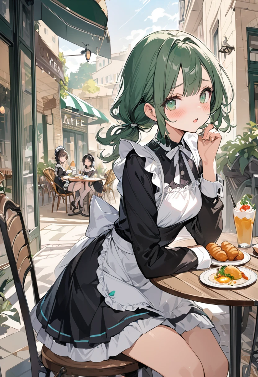 ((best quality, high resolution)), (delicate illustration), (vividcolor style illustration:0.9), (watercolor style illustration:0.4), ((beautiful:1.3)), 4k,

(((a  beautiful women))), masterpiece, detailed depiction, official art, humorous touches,  (blush),  ((Black maid outfit,)), breasts:0.7, dark green eyes, long Hair, pale purple,low-twintails,blunt bangs, small breast,A girl pulls out a table and chairs and invites people to sit down. On the table are fried eggs, vegetable salad, croissants, and coffee, (((Cafe Terrace:1.3))), ((glance upward at viewer)), cowboy shot, 