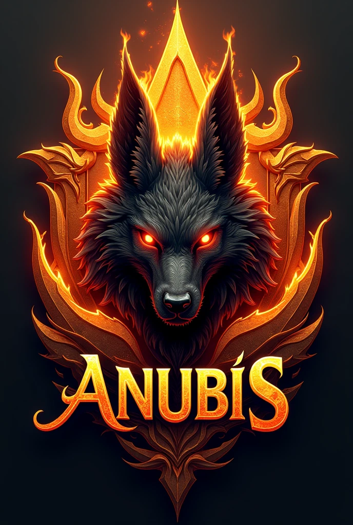 ((best qualityer)), ((work of art)), (detailded), create a gamer logo with the character egyptian god anubis, The logo must have a coat of arms with the character in front of the front bust, e o nome escrito ANUB☥S a letra i te que ser substituidada pela Cruz de Ansata ☥, Anubis has to be on fire epic dragon gamer style, and anubis has to look bad, the colors have to be gold, black and red
