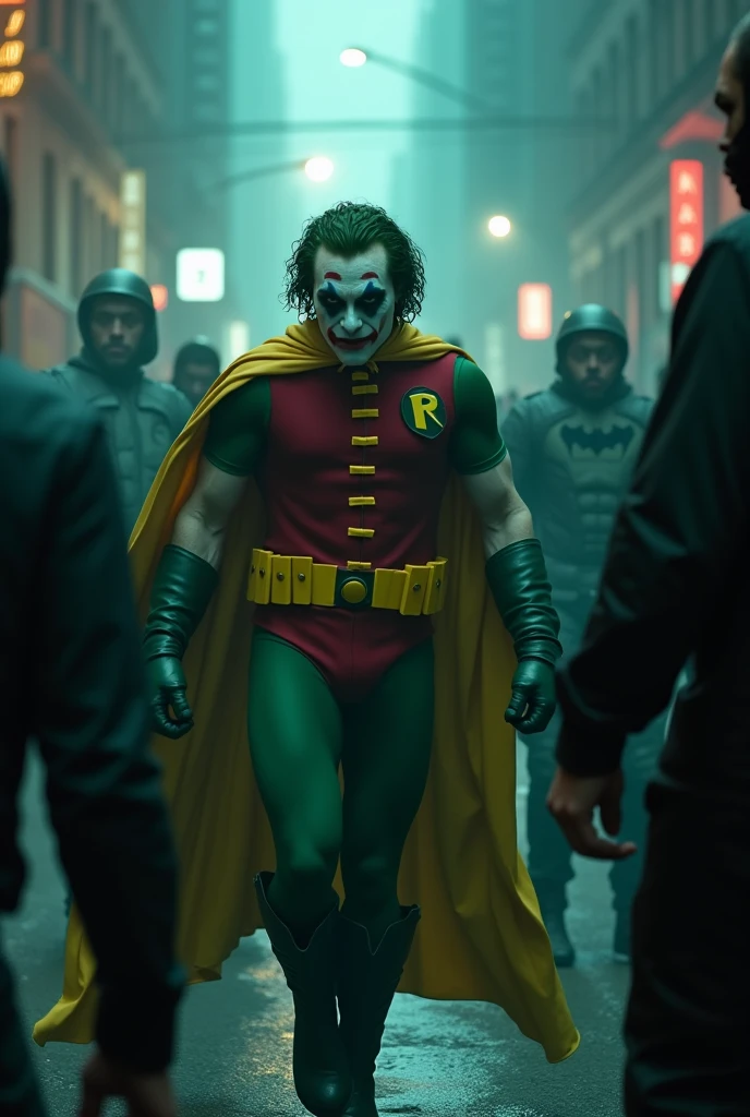 Go to Bing Image Creator, enter a prompt similar to:
Actor Joaquin Phoenix Joker as Robin from Batman filmed by Zack Snyder, Robin suit, fighting against thugs, cape, mask, variant angles, captured with award-winning photography technique, cinematic, dark environment, bokeh, grainy, urban setting, blurry, IMAx, filmed with Kodak portrait 400, 200mm, f2.8, high resolution, teal filter