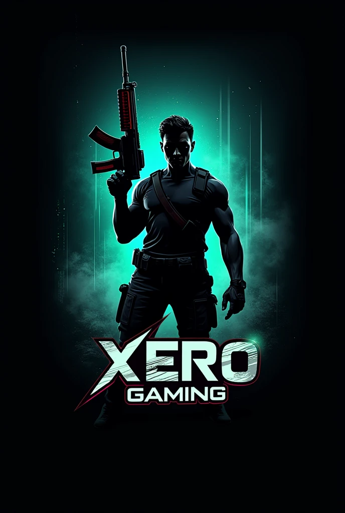 **Logo Description:**
- **Central Figure:** A dynamic, stylized silhouette of a man holding an UMP (submachine gun) in the middle of the logo. The character should have a strong, confident pose, symbolizing power and focus.
- **Background:** A subtle gaming-themed background with elements like digital circuits, pixels, or a battlefield scene, with a gradient that transitions from dark to light, enhancing the figure's prominence.
- **Text:** The channel name "Xero Gaming" should be bold and modern, positioned either above or below the central figure. The font should be futuristic or tech-inspired, with a metallic or neon finish.
- **Color Scheme:** A combination of dark and vibrant colors—think black, dark blue, and electric green or red—to convey a sense of intensity and energy.