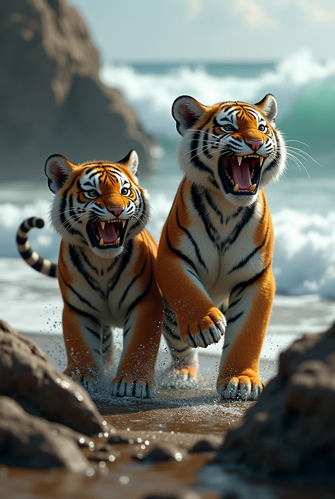 Tiger cubs with red strip roraing at sea shore
