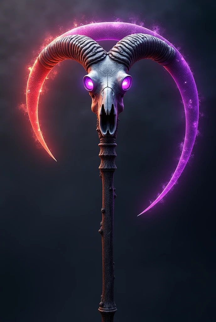 create a scythe with a purple and red aura, with a goat skull with amethyst eyes, with just a blade to the left side coming out of the goat skull's mouth